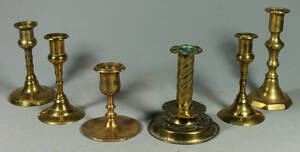 Samling ljusstakar, 6 st, mässing, 1800 samt 1900-tal 6