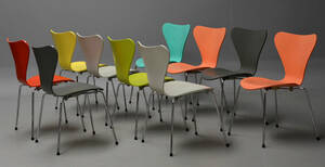 Arne Jacobsen. Sæt på ti 7er stole, model 3107. 10 