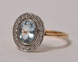 Vintage aquamarin og diamantring