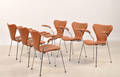 Arne Jacobsen 1902-1971. Sæt på seks armstole, model 3207, nybetrukket med cognacfarvet læder 6