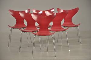 Arne Jacobsen 1902-1971 Sæt på seks stole model 3108, vinrøde 6