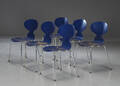 Arne Jacobsen. Seks Myren stole model 3101. 6 