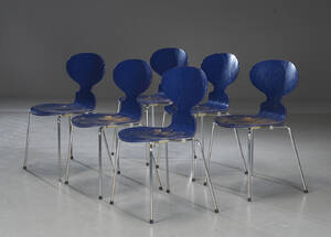 Arne Jacobsen. Seks Myren stole model 3101. 6 