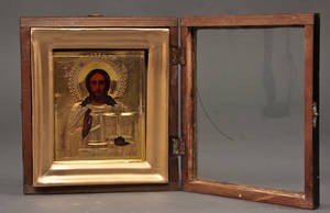 Russisk ikon. Jesus Pantokrator med ritza i kasse