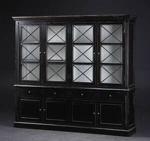 Stort vitrineskab, sort antikbemaling 2