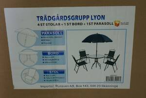 Trädgårdsgrupp Lyon, 4 stolar, bord och parasoll