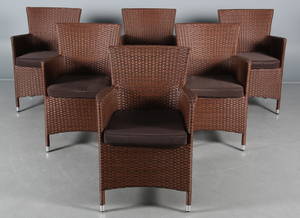 Havemøbler. Seks havestole, brunt polyrattan, aluminium stel. 6
