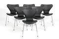 Arne Jacobsen. Sæt på seks stole, sort semianilin læder, model 3107 6