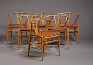 Hans J. Wegner. Sæt på seks Y- stole med hynder 66