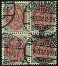 AFA 26B 1895. Tofarvet, 12 Øre, grårød 4-blok. Stemplet KJØBENHAVN 9.10.02.