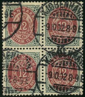 AFA 26B 1895. Tofarvet, 12 Øre, grårød 4-blok. Stemplet KJØBENHAVN 9.10.02.