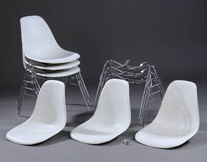 Charles Eames. Sæt på seks skalstole, model DSS. 6 