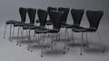 Arne Jacobsen. Sæt på otte stole i sort læder, model 3107 8 