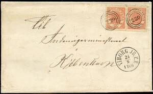 AFA 13 1864. Krone-Scepter-Sværd, 4 Skilling, rød 2. Brev sendt fra VIBORG JB.P.E. 24.9. til Indenrigsministeriet i København. Annulleret med nummerstempel 220. Ankomststemplet KIØBENHAVN 24.9.
