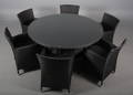 Havemøbler. Seks havestole samt rundt bord, sort polyrattan, aluminium stel. 7