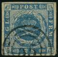 AFA 3 1854. 2 Skilling, blå. Annulleret med nummerstempel 55 RIBE.