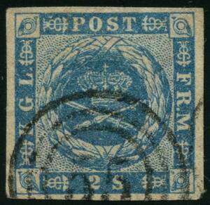 AFA 3 1854. 2 Skilling, blå. Annulleret med nummerstempel 55 RIBE.