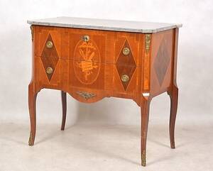 BYRÅ med stenskiva, intarsia, 1900-talets mitt.