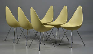 Arne Jacobsen. Sæt på seks stole model 3110, Dråben, Stone Grey 6 