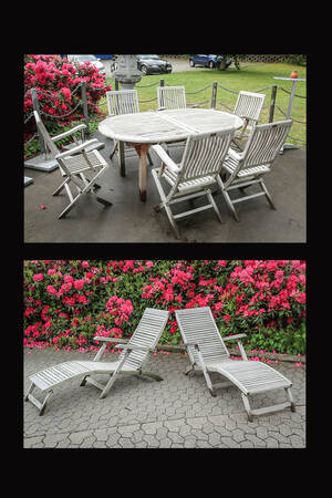 Havemøbelsæt. Bord og seks stole samt to liggestole teaktræ 9 