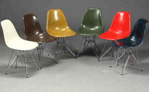 Charles Eames. Sæt på seks skalstole, model DSR 6