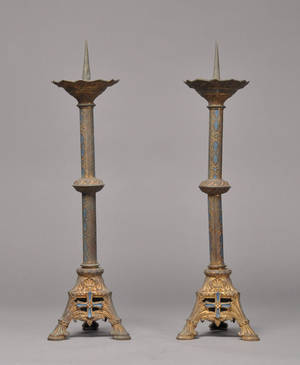 Et par franske kirkestager af forgyldt og bemalet bronze, Louis Philippe, 1800-tallets slutning