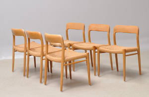 Niels O. Møller 1920-1982. Sæt på seks stole i eg, model 75 6
