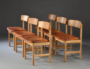 Børge Mogensen. Seks stole af egetræ og læder, model 3236 6