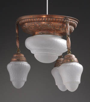 Loftslampe, kobber og frosted glas.
