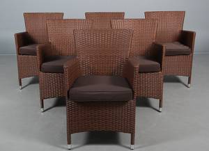 Havemøbler. Seks havestole, brunt polyrattan, aluminium stel. 6