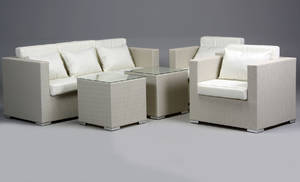 Havemøbler. Loungemøblement, sofa, råhvid polyrattan 5