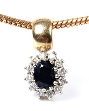 Brillant vedhæng m safir og kæde, 14 kt guld 2