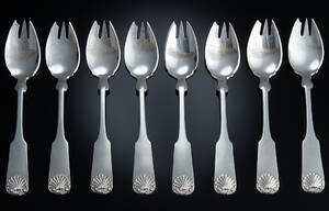 Dansk sølvsmed. Musling kage-dessertgafler af sølv 8