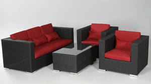 Havemøbler. Loungemøblement, sofa, sort polyrattan røde hynder 4