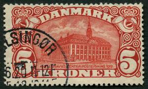 AFA 81 1915. Centralpostbygningen, 5 Kroner, brunrød, annulleret Helsingør med ét stempel.