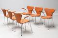 Arne Jacobsen 1902-1971. Sæt på seks armstole, model 3207, nybetrukket med cognacfarvet læder 6
