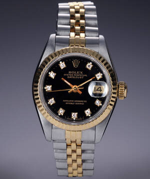 Rolex Datejust. Dameur i 18 kt. guld og stål med sort brillantbesat skive, ca. 1987 Denne vare er sat til omsalg under nyt varenummer 4706369
