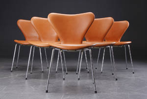 Arne Jacobsen 1902-1971 Seks syverstole i Cognacfarvet Range Aniline læder 6