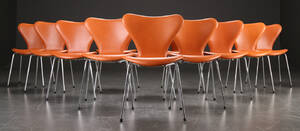 Arne Jacobsen. 12 syverstole model 3107, cognacfarvet læder 12  Denne vare er sat til omsalg under nyt varenummer 4492051