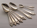 Georg Jensen. Akkeleje. 7 skeer og 2 kaffeskeer. 9