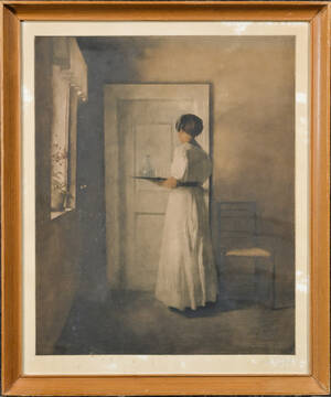 Peter Ilsted, mezzotinte, interiør med kvinde