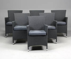 Havemøbler. Seks havestole, gråt polyrattan, aluminium stel. 6