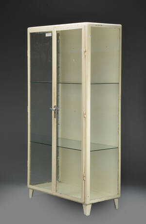 Tandlægeskab af hvidlakeret metal og glas  