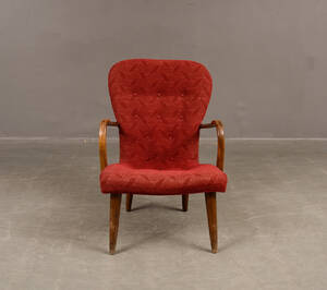 Fåtölj, 50-tal, Stomme i trä, klädsel  textl, okänd tillverkare