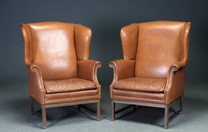 Par chesterfield wingbackchairs, brunt læder 2