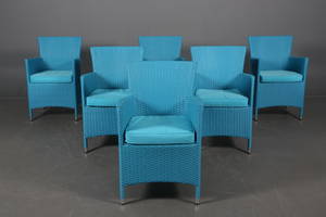 Havemøbler. Seks havestole, lys blå polyrattan, aluminium stel. 6