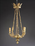Empireform lysekrone, forgyldt bronze. Monteret til el.