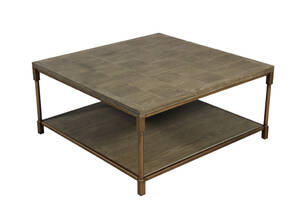 Sofabord af genbrugs egetræ med patineret guldfarvet stel.