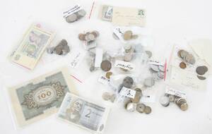 Parti mynt, sedlar samt örhängen