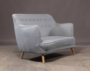 Højrygget 2-pers. sofa, blåt møbestof